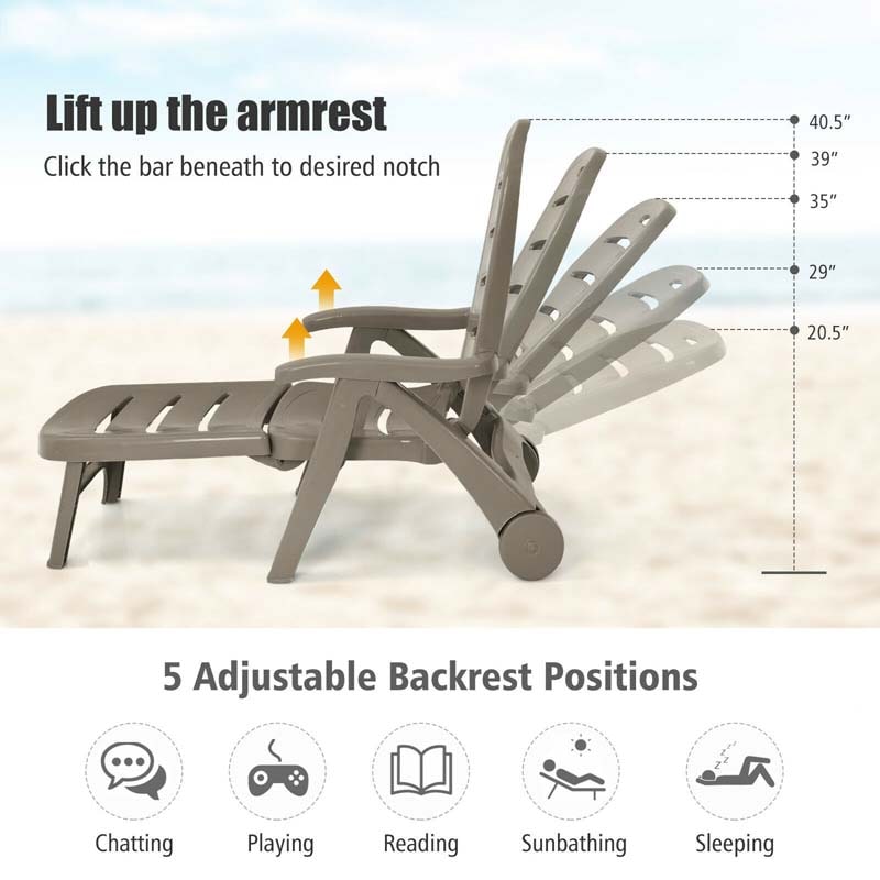 Rolling Folding Plastic Pool Lounge Chair with Armrests, 5-Position Outdoor Sun Lounger Patio Deck Chair Beach Chair