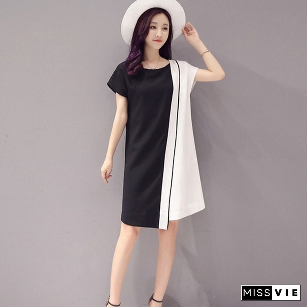 Summer Women Fashion Chiffon Mini Dress Black White Short Sleeve O-Neck Dress