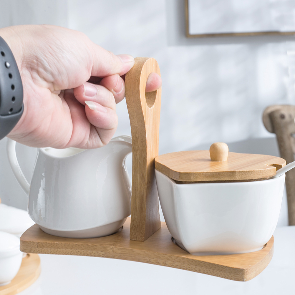 Tinksky Ceramic Sugar Bowl and Cream Pitcher Set with Bamboo Tray and Spoon for Home Hotel