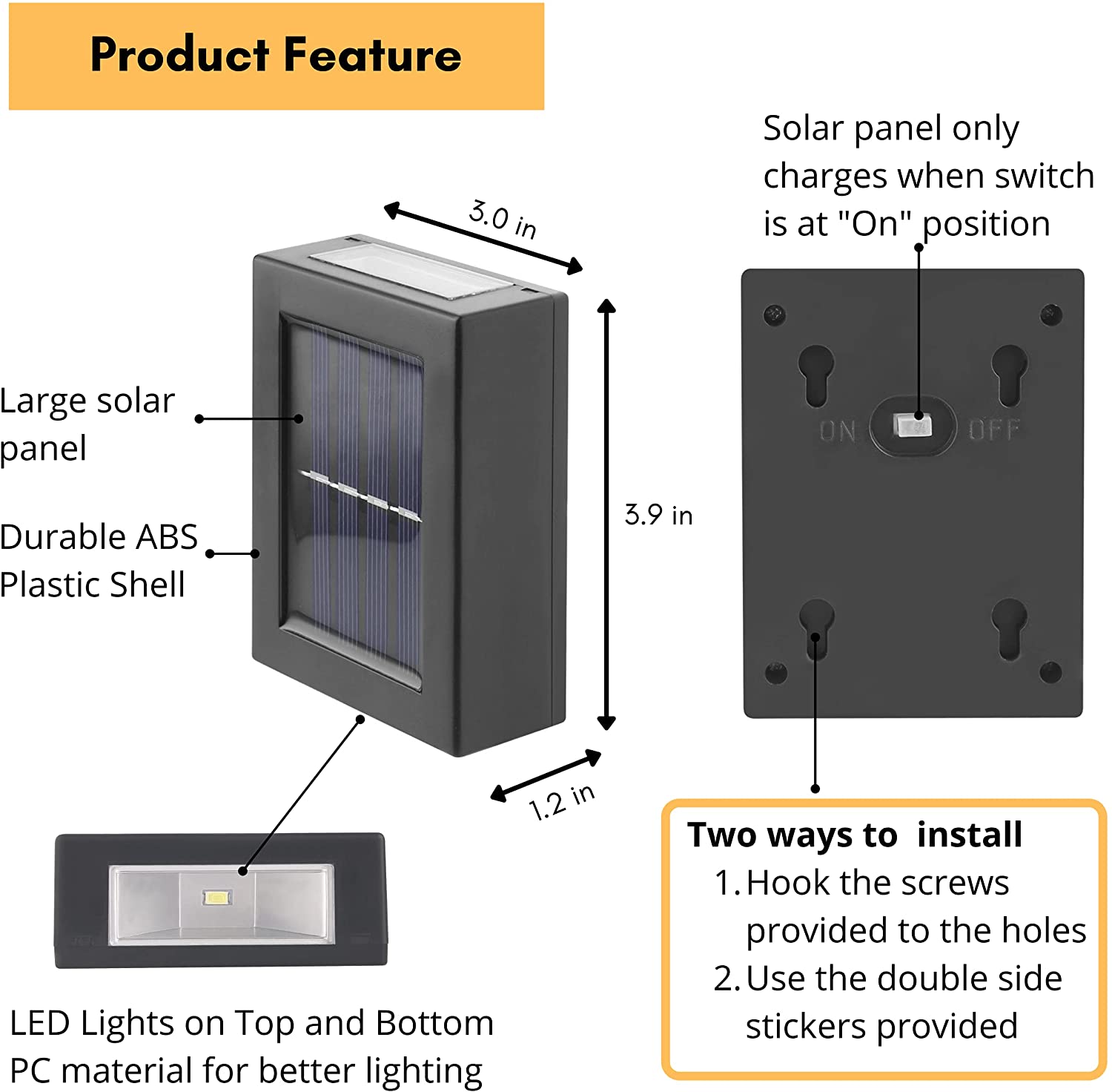 Morttic Solar Wall Light， 2Pcs 2LEDs Up and Down Solar Lamps Outdoor LED Wall Light Waterproof for Garden Patio Garage Driveway Pathway (Warm White)