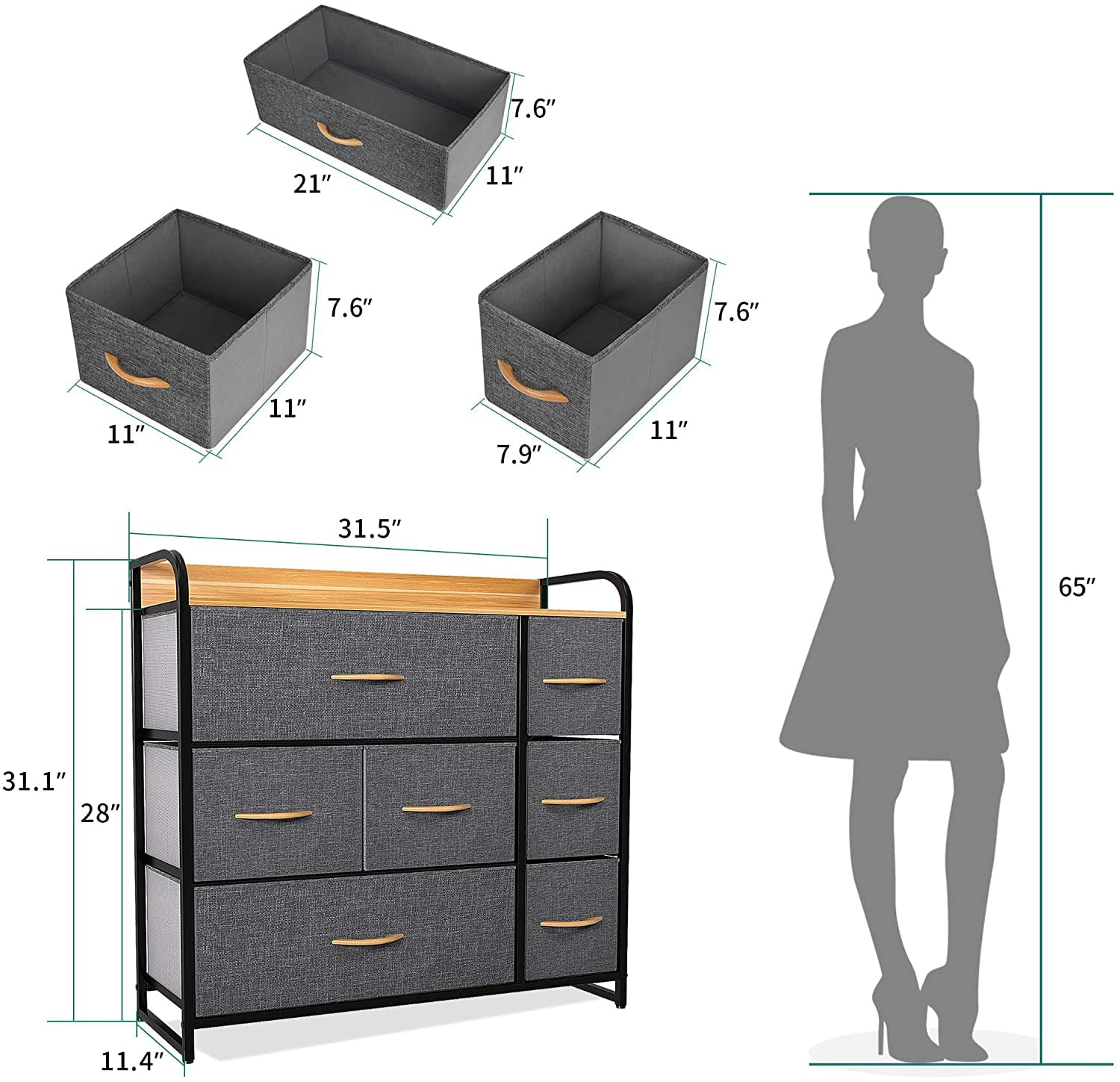 YITAHOME 7 Drawers Dresser Fabric Storage Tower Wooden Top Shelf Modern Organizer, Dark Gray