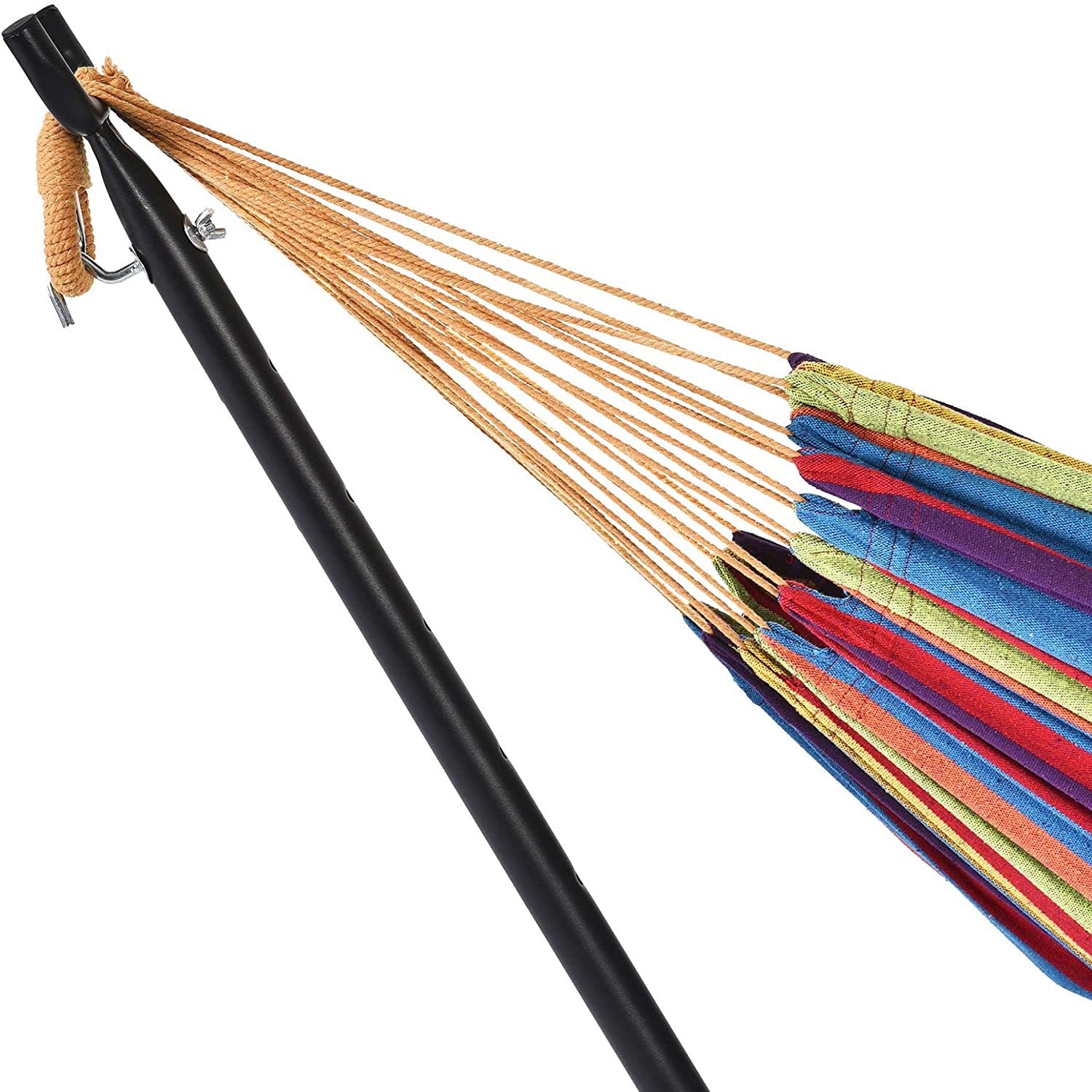 Classic Camping Outdoor Cotton Hammock with 9 Ft Steel Stand Rainbow Striped 450lb Capacity