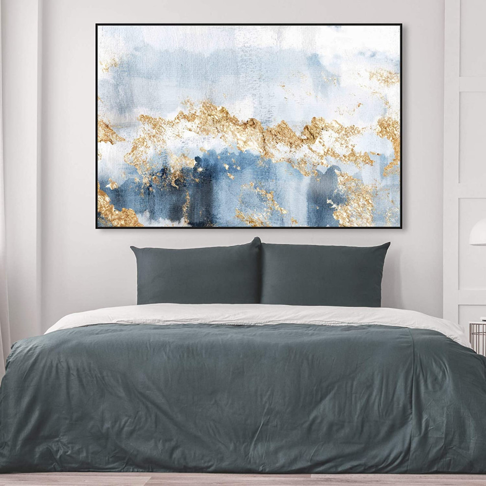 Modern Wall Art  Black Painted Frame With Abstract Painting  Blue  ampGold Tones   Transitional   Entertainment Centers And Tv Stands   by Decor Love  Houzz