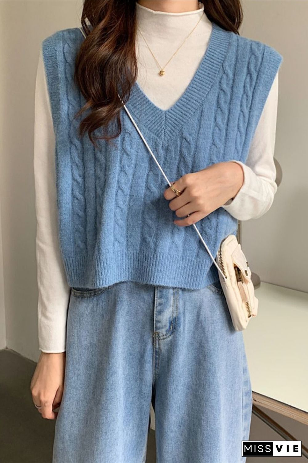 Oversized Cable Knit V Neck Knitted Tank Top Sweater