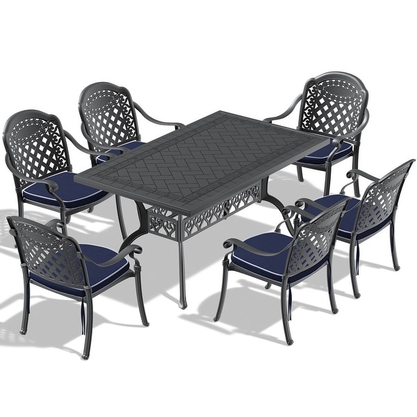 5/7Piece Cast Aluminum Outdoor Dining Set with 59.06'' L X 35.43'' W Rectangular Table and Random Color Seat Cushions