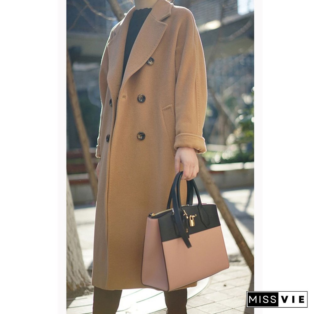 New Fashion Lapel Coat Slim Double Breasted Long-sleeved Silm Solid Color Woman Trench Coats