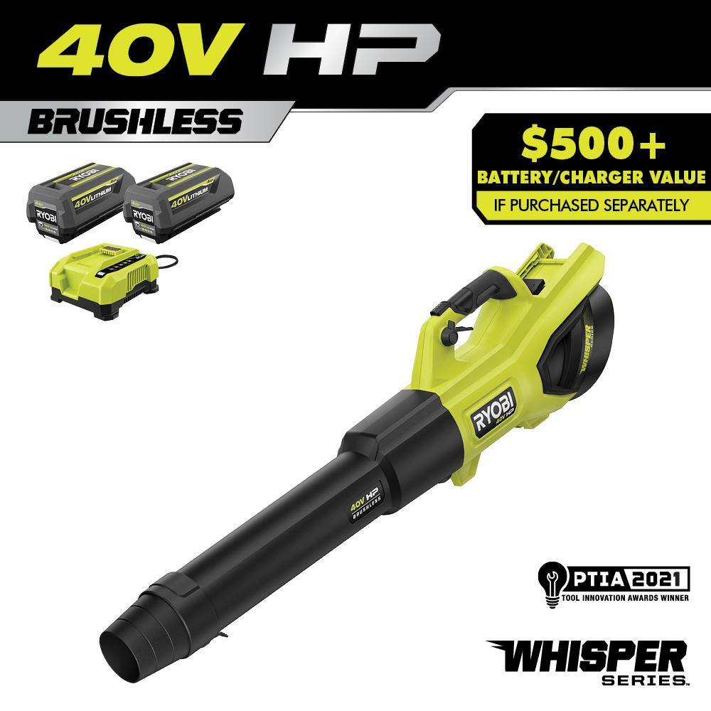 RYOBI 40V HP Brushless Whisper Series 190 MPH 730 CFM Cordless Battery Jet Fan Leaf Blower with (2) 4.0 Ah Batteries  Charger RY404100