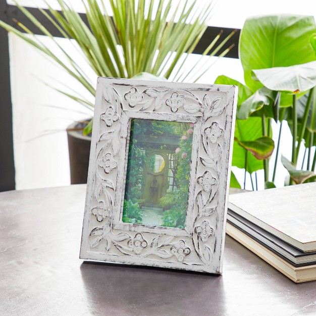 Mango Wood Floral Handmade Intricate Carved 1 Slot Photo Frame White Olivia amp May