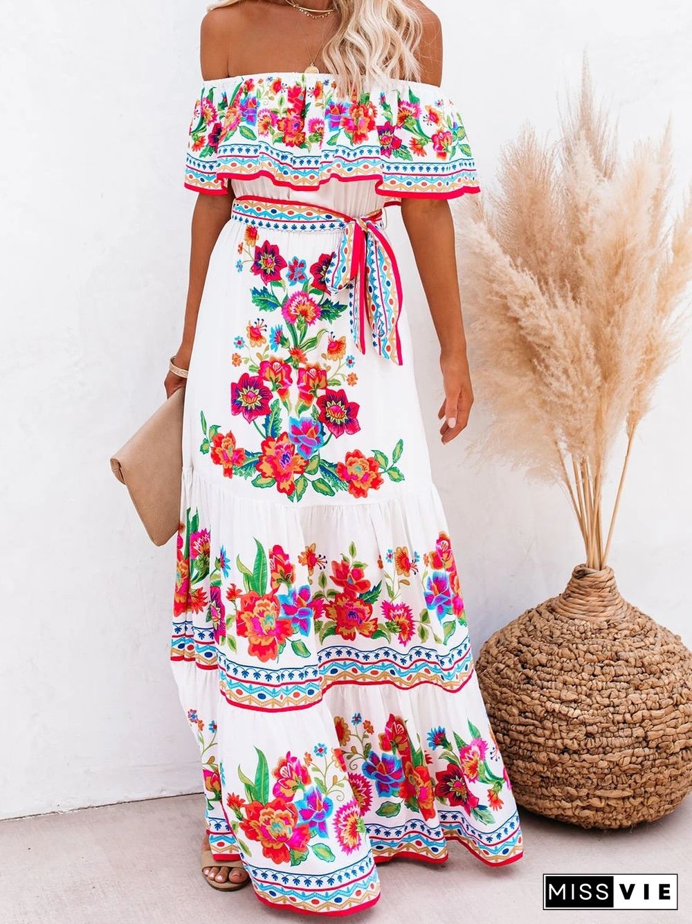 Bohemian One-Shoulder Print Long Swing Dress