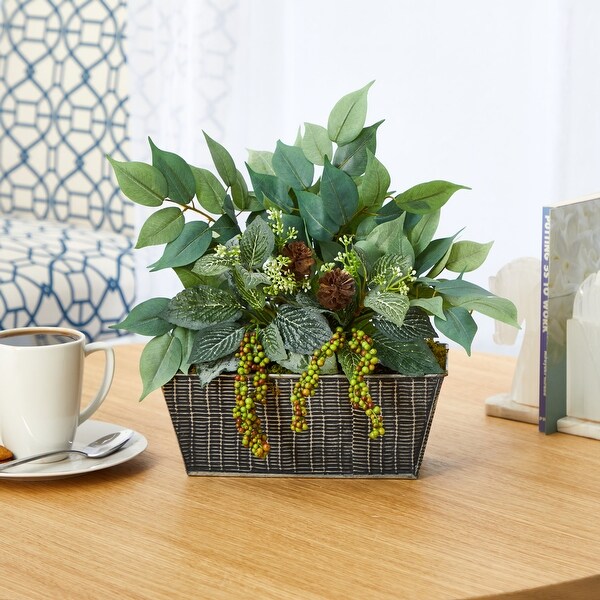 14 Mixed Ficus and Fittonia Artificial Plant in Embossed Tin Planter