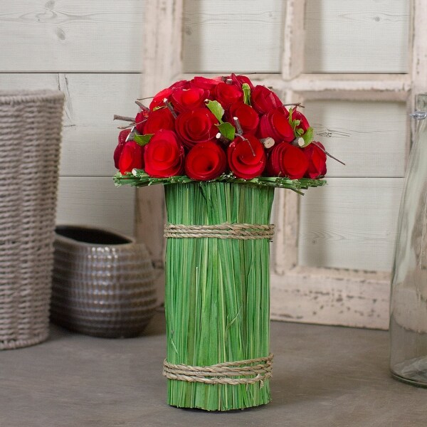 Wooden Roses and Grass Artificial Floral Bouquet Arrangement 11.5 Red