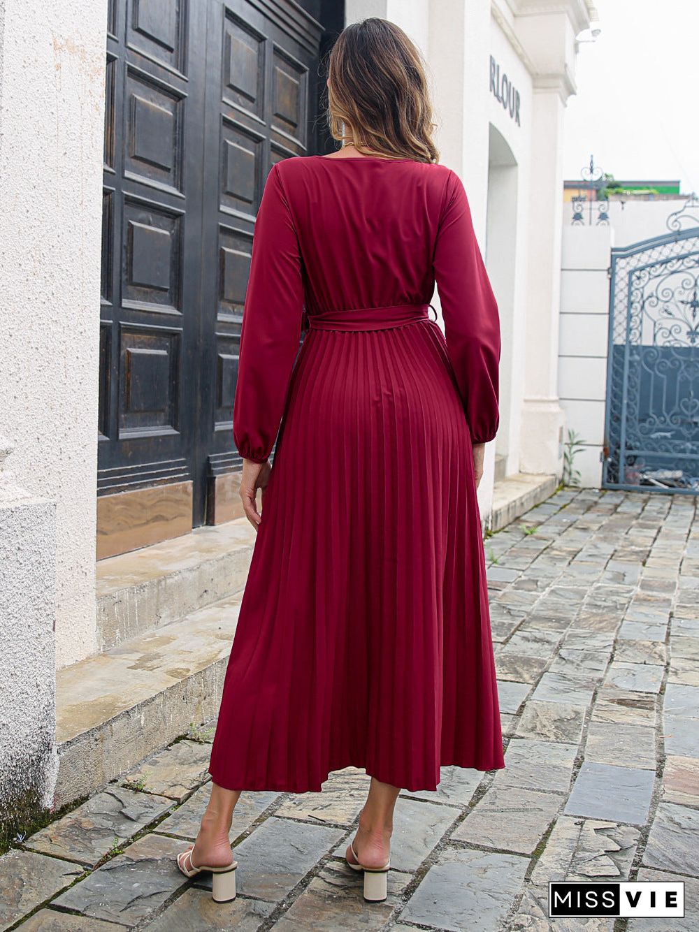 Side Split V Neck Long Sleeve Maxi Dress