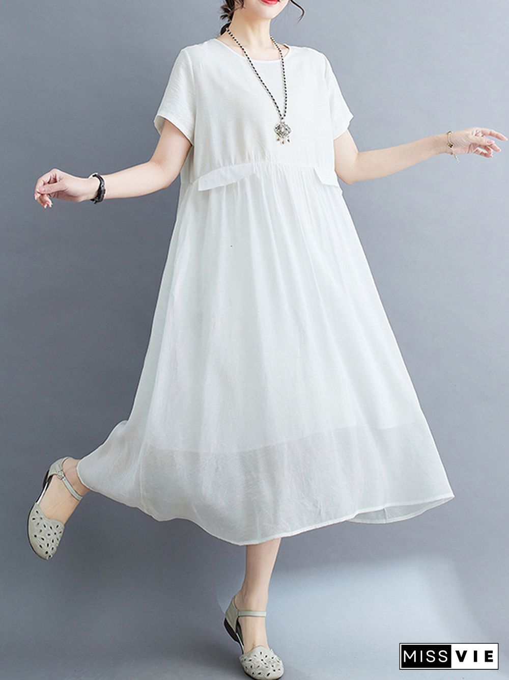 Loose Short Sleeves Gauze Solid Color Split-Joint Round-Neck Midi Dresses