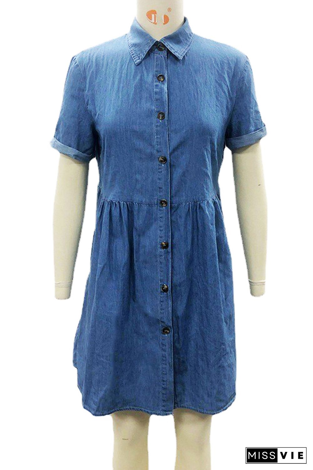 Turn-down Collar Short Sleeve Single-breasted Denim Dress Wholesale