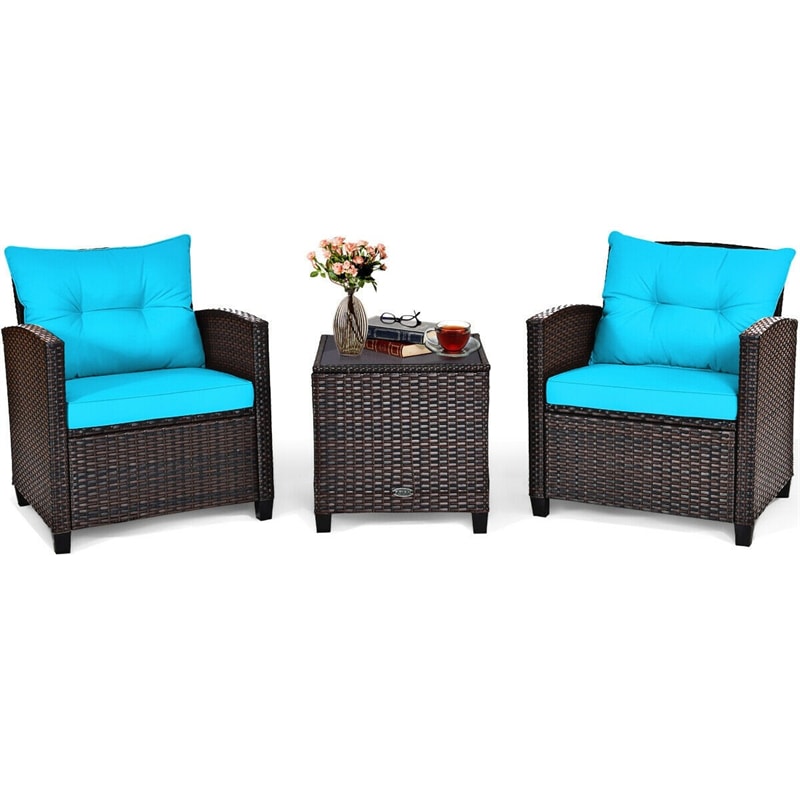 3 Pcs Rattan Patio Conversation Set Outdoor Wicker Sofa Set with Washable Cushions & Coffee Table