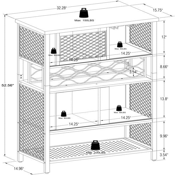 Industrial Bar Cabinet with Wine Rack for Liquor and Glasses; Wood and Metal Cabinet for Home Kitchen Storage Cabinet