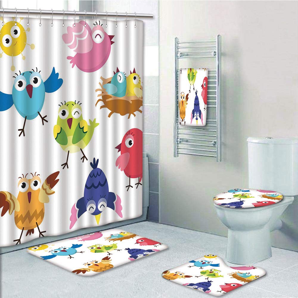 PRTAU Bird Funny Happy Cute Colorful Birds Sun in Cartoon Toddler Kids Nursery 5 Piece Bathroom Set Shower Curtain Bath Towel Bath Rug Contour Mat and Toilet Lid Cover