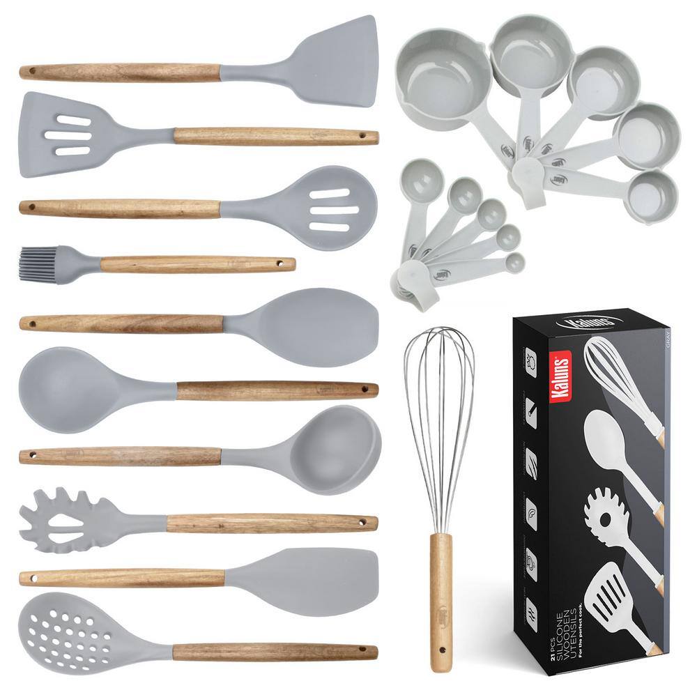 Kaluns Gray Utensils Wood And Silicone Cooking Utensil Set (Set of 21) HD-WSU21-GR