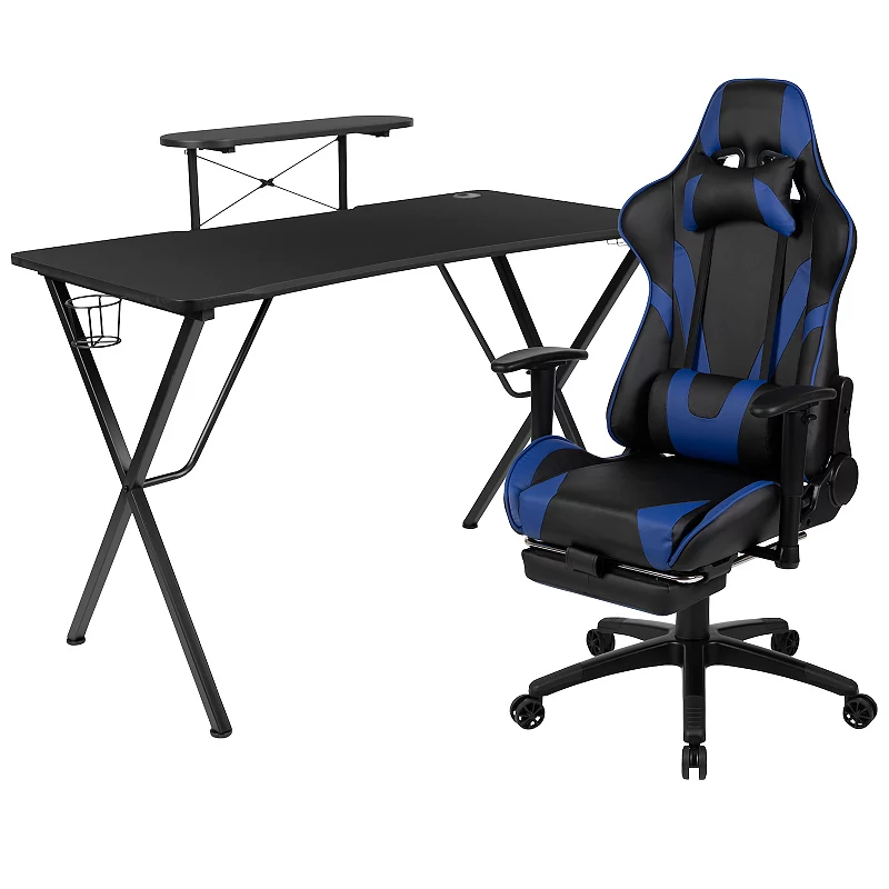 Emma and Oliver Gaming Desk and Chair Set - Cup Holder， Headphone Hook， and Monitor Stand