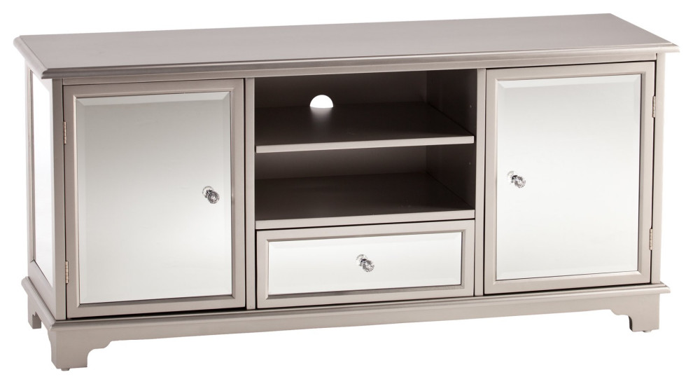 Contemporary TV Stand  Beveled Mirror Accents With Crystal Knobs  Silver Finish   Transitional   Entertainment Centers And Tv Stands   by Declusia  Houzz