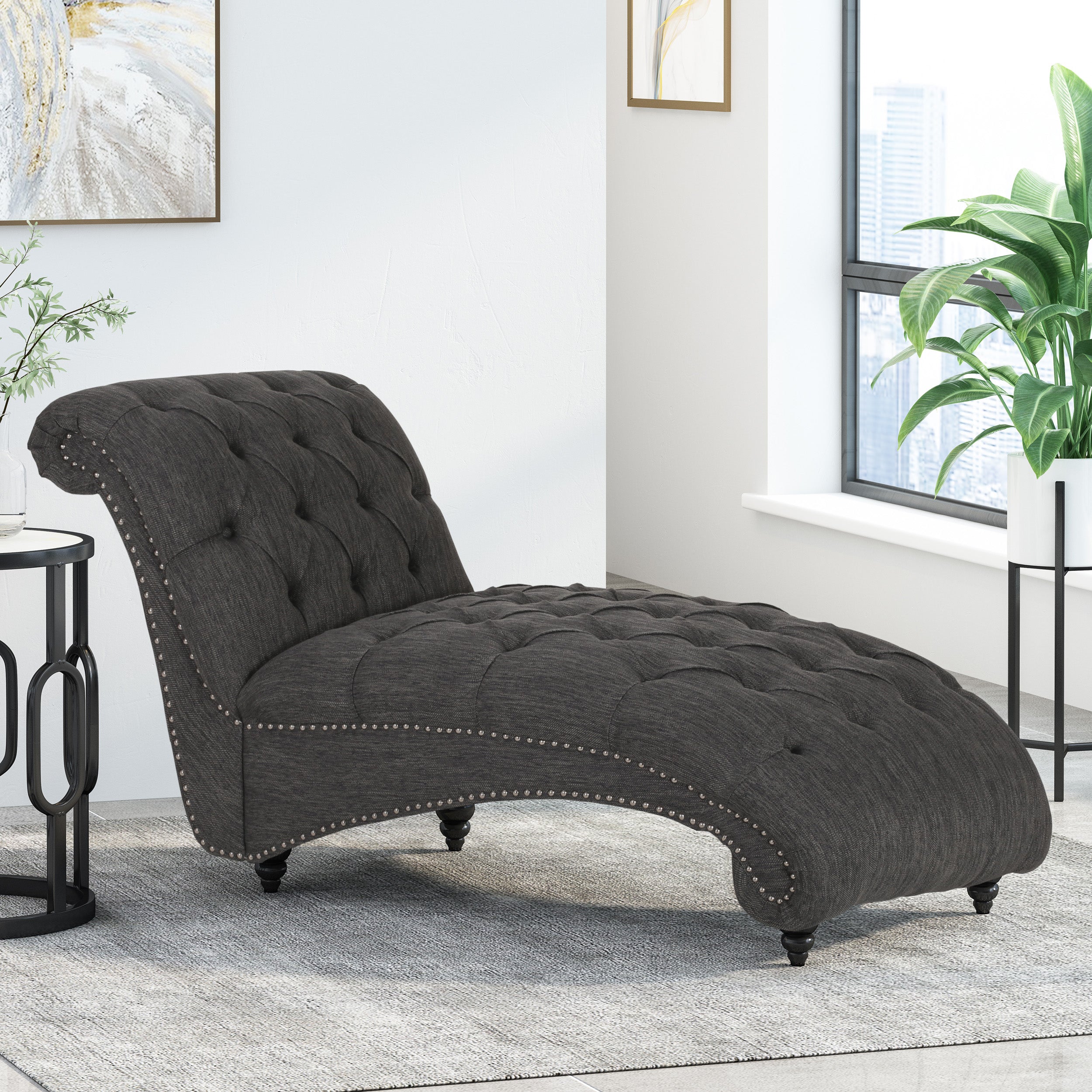 Meigs Varnell Contemporary Fabric Button Tufted Chaise Lounge