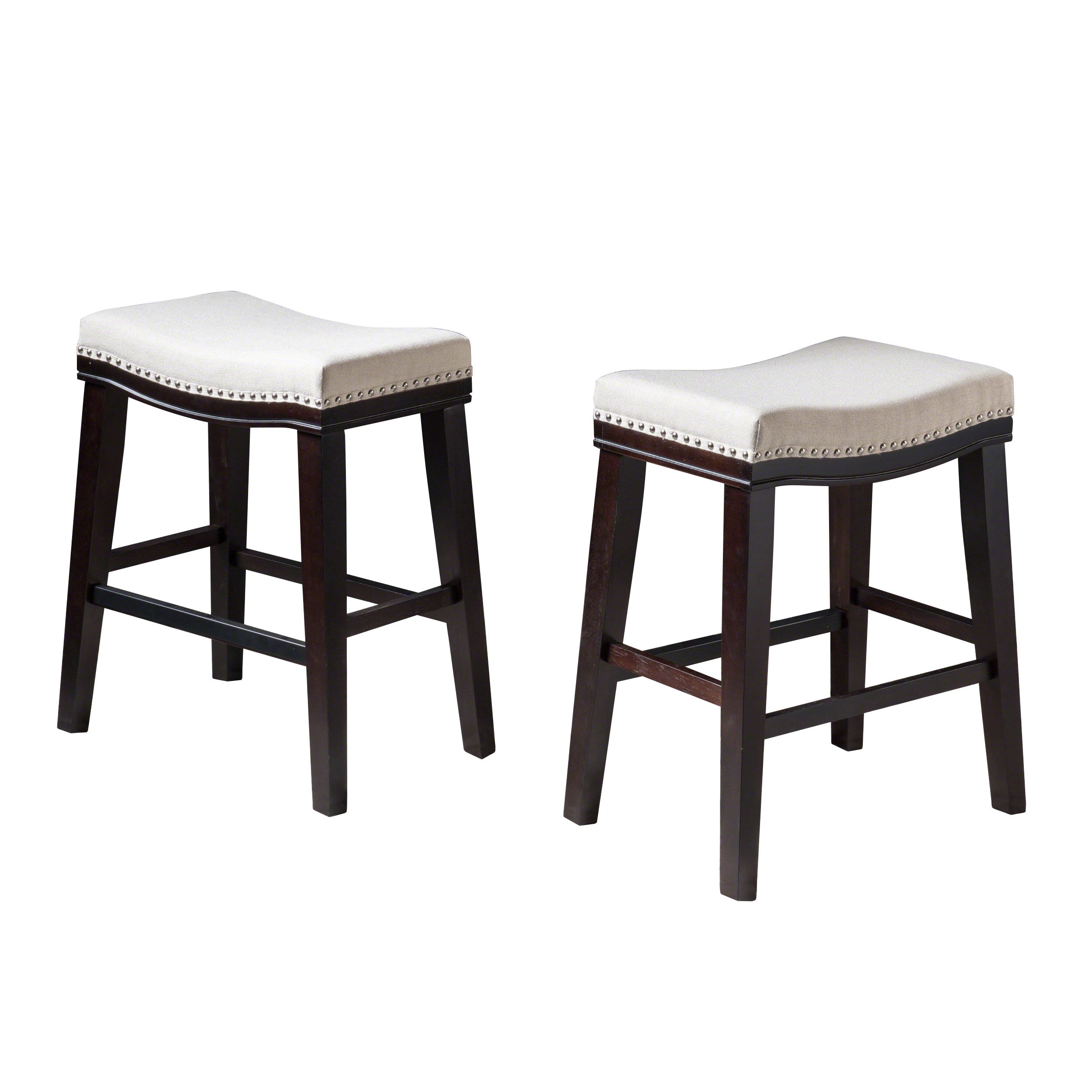 Estes Studded 26 Inch Beige Fabric Saddle Counter Stool, Set of 2