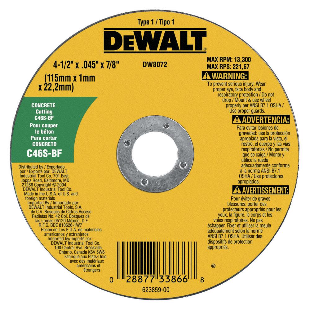 DEWALT 4-1/2-in Concrete Masonry Cutting Wheel DW8072 from DEWALT