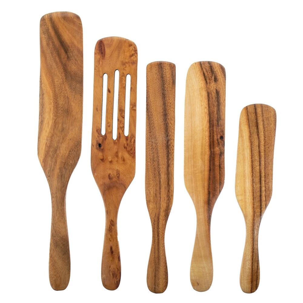 Spurtle Spoon Spatula Utensil   5pc Set Teak Wood   Non Stick Wooden Cookware   Stir  Scrape  Flip  Drain  Fold   Smash.   Large