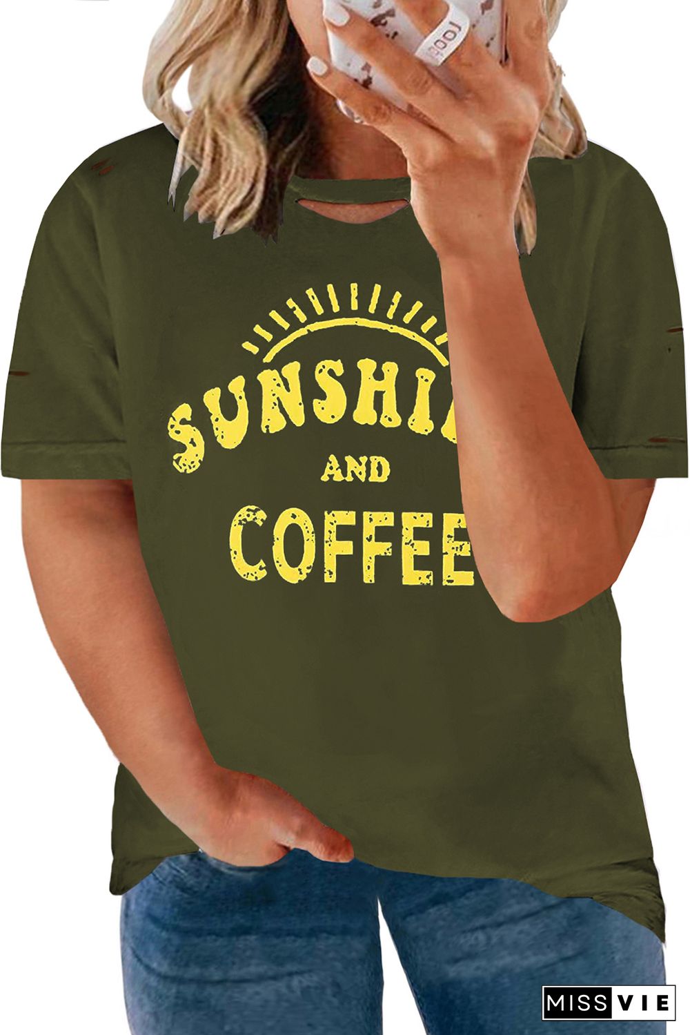 SUNSHINE AND COFFEE Graphic Ripped Plus Size Tee