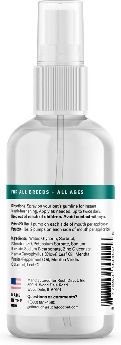 SUCHGOOD Advanced Breath Spray Cat and Dog Breath Freshner， 4-oz bottle