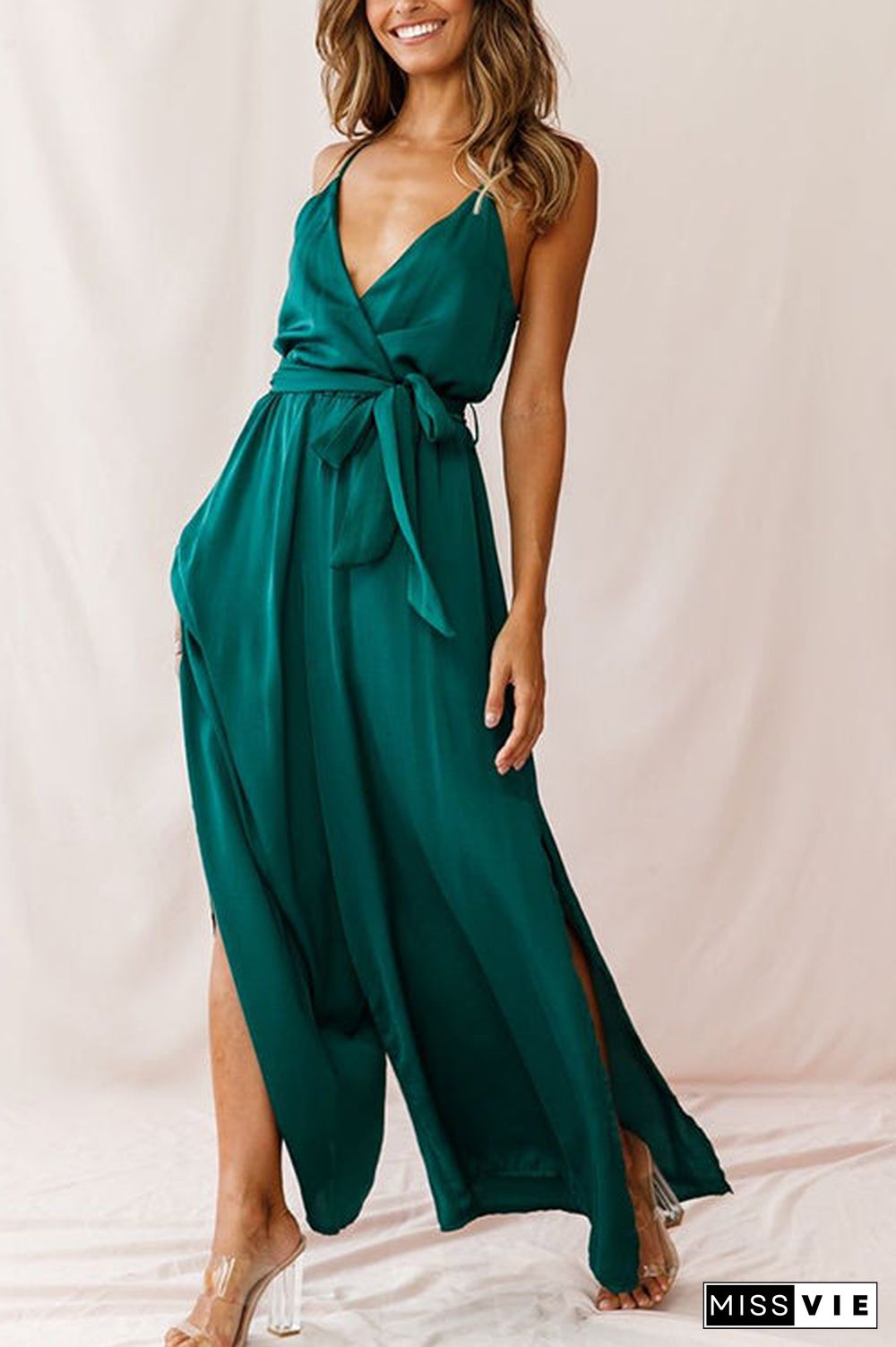 Slit Belted Slip Jumpsuits