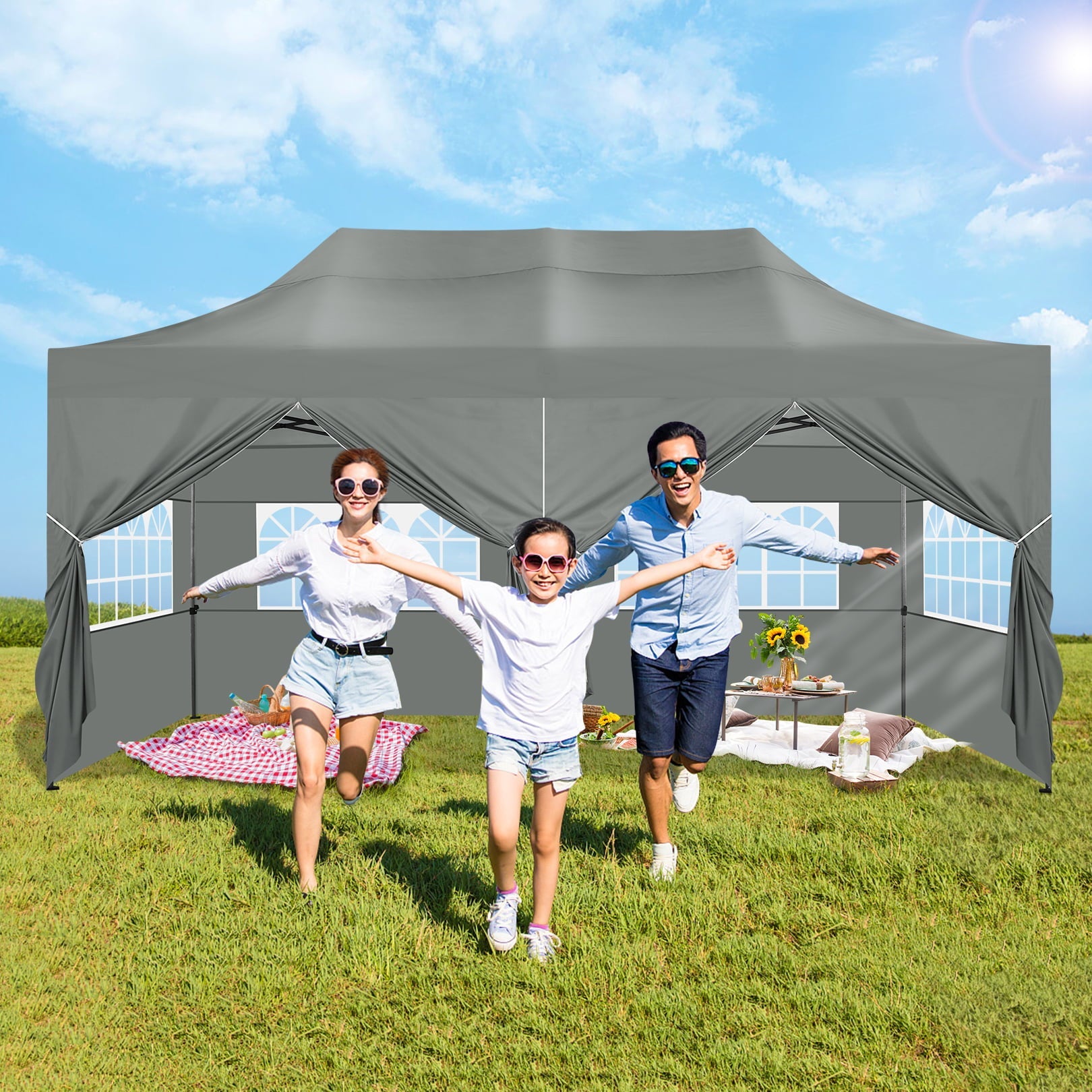 10'x20' Pop Up Canopy Waterproof Folding Tent Outdoor Easy Set-up Instant Tent Heavy Duty Commercial Wedding Party Shelter with 6 Removable Sidewalls, 6 Sandbags, Roller Bag, Gray