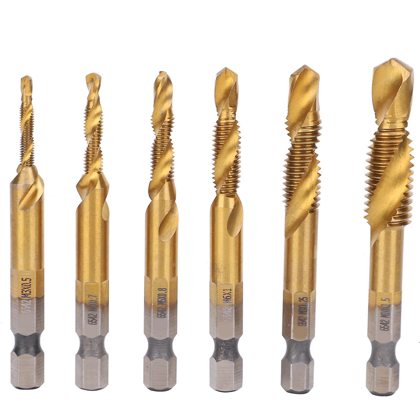 6pcs Hss Tap Drill Bits Set High Speed Steel Titanium Coated Hex Shank Thread Hand Tool M3m10