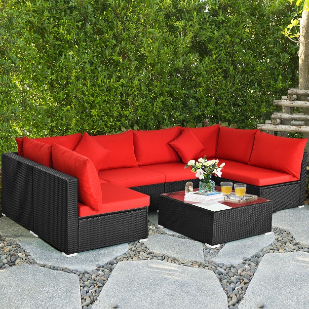 Costway 7pcs Rattan Patio Conversation Set Sectional Furniture Set W Red Cushion