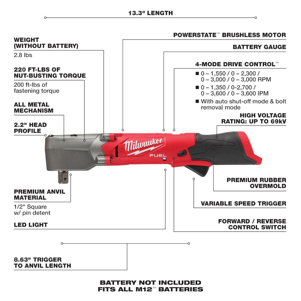 Milwaukee  M12 FUEL 1/2 Right Angle Impact Wrench with Pin Detent Reconditioned