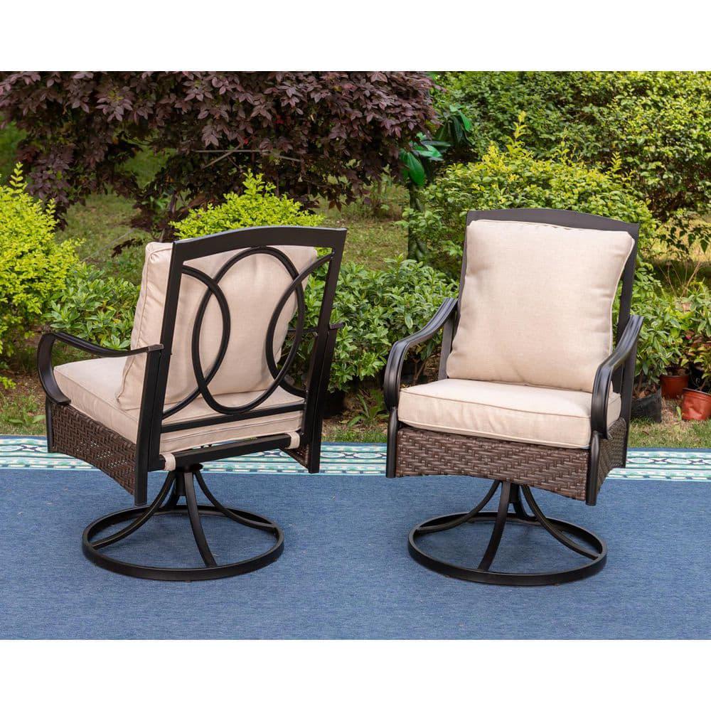 PHI VILLA Metal and Wicker Outdoor Patio Swivel Lounge Chair with Beige Cushions