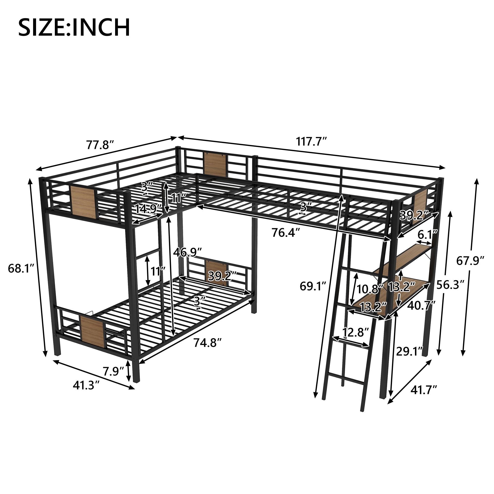 EUROCO L-Shaped Twin over Twin Bunk Bed with Desk and Shelf for Kids Bedroom, Brown