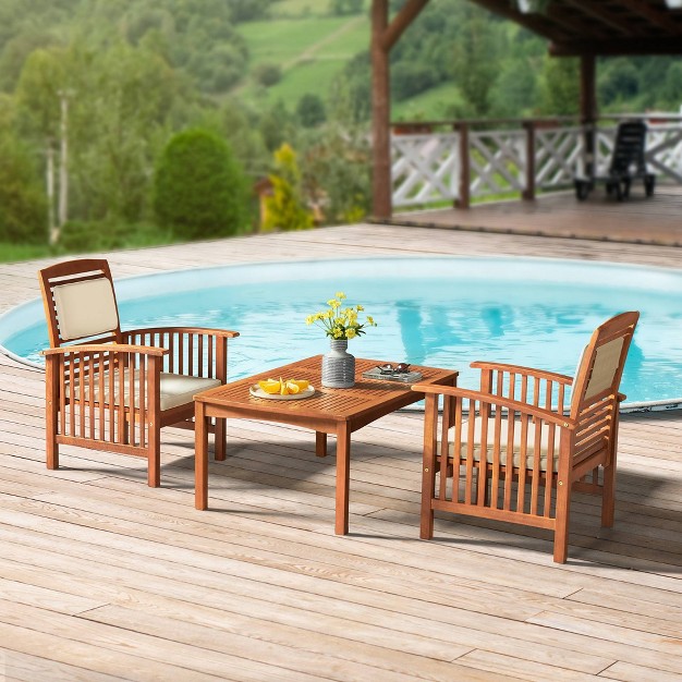 Lyndon 3pc Eucalyptus Wood Outdoor Set With Cushions Light Brown Alaterre Furniture