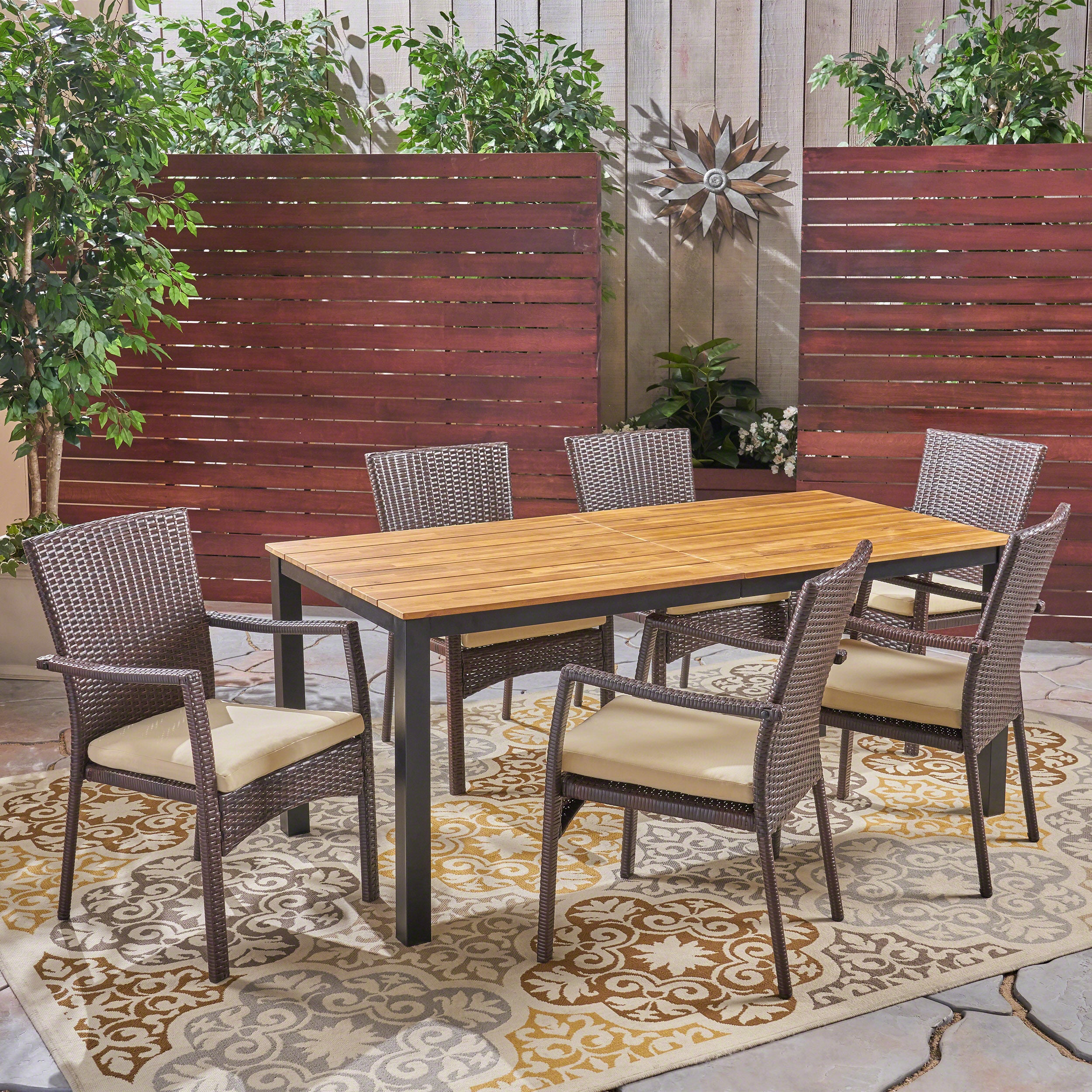 Elaine Outdoor 7 Piece Acacia Wood Dining Set with Wicker Chairs, Teak and Brown and Cream