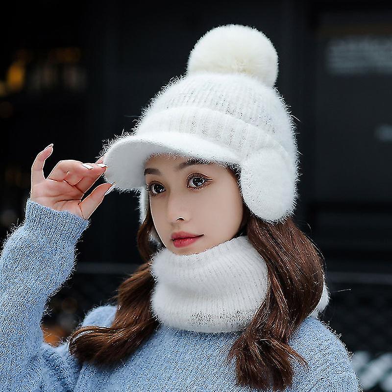 Womens Earmuffs Scarf Hat Flocking Thermal Cycling Warm Winter Scarf Hat Knitting Women Vintage Baseball Cap2pcswhite