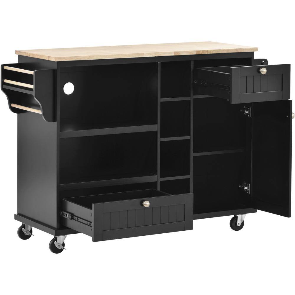 Runesay Black Kitchen Island Cart Wood Desktop Storage Cabinet and 2-Locking Wheels with Towel Holder KIBK-1133