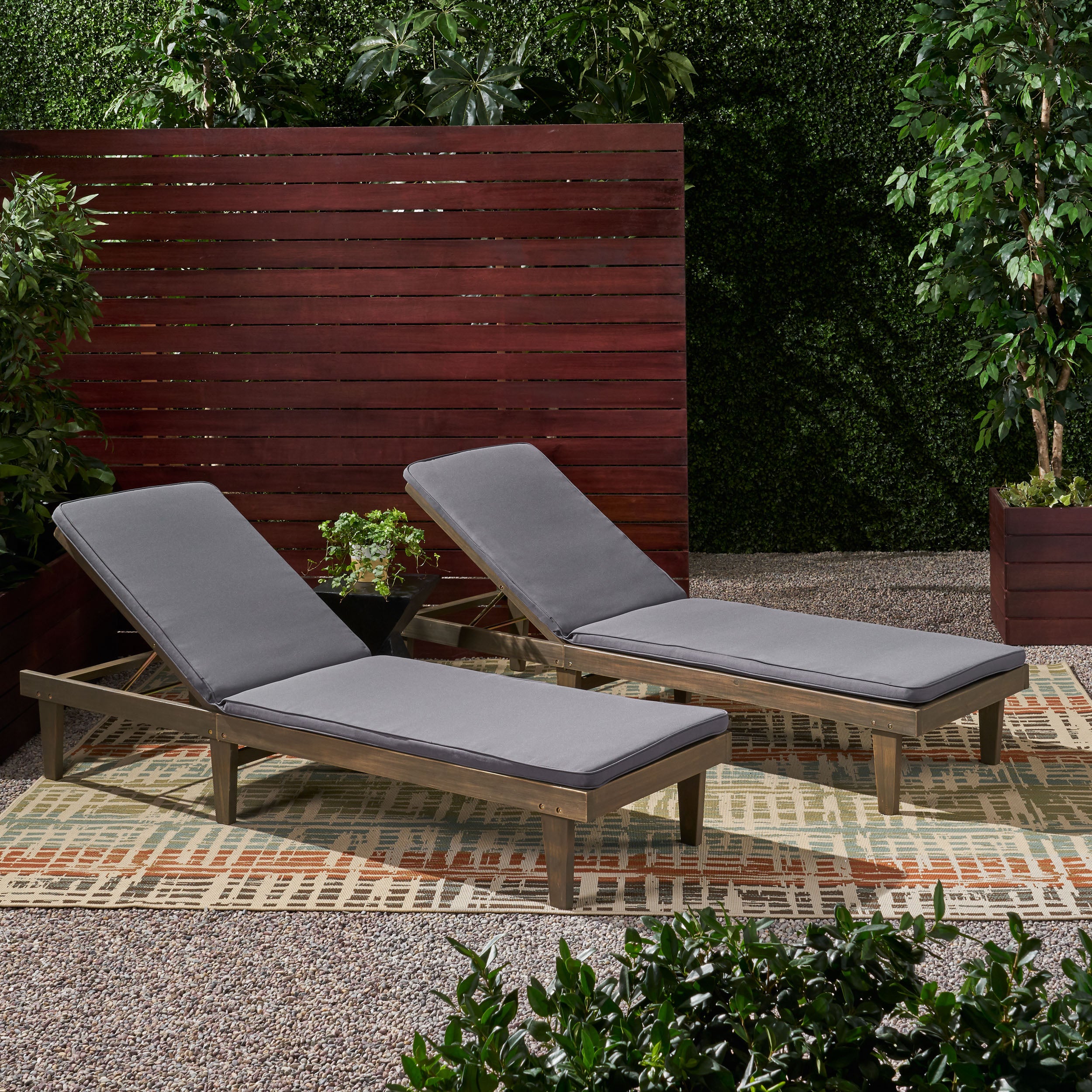 Nadine Outdoor Modern Acacia Wood Chaise Lounge with Cushion (Set of 2)