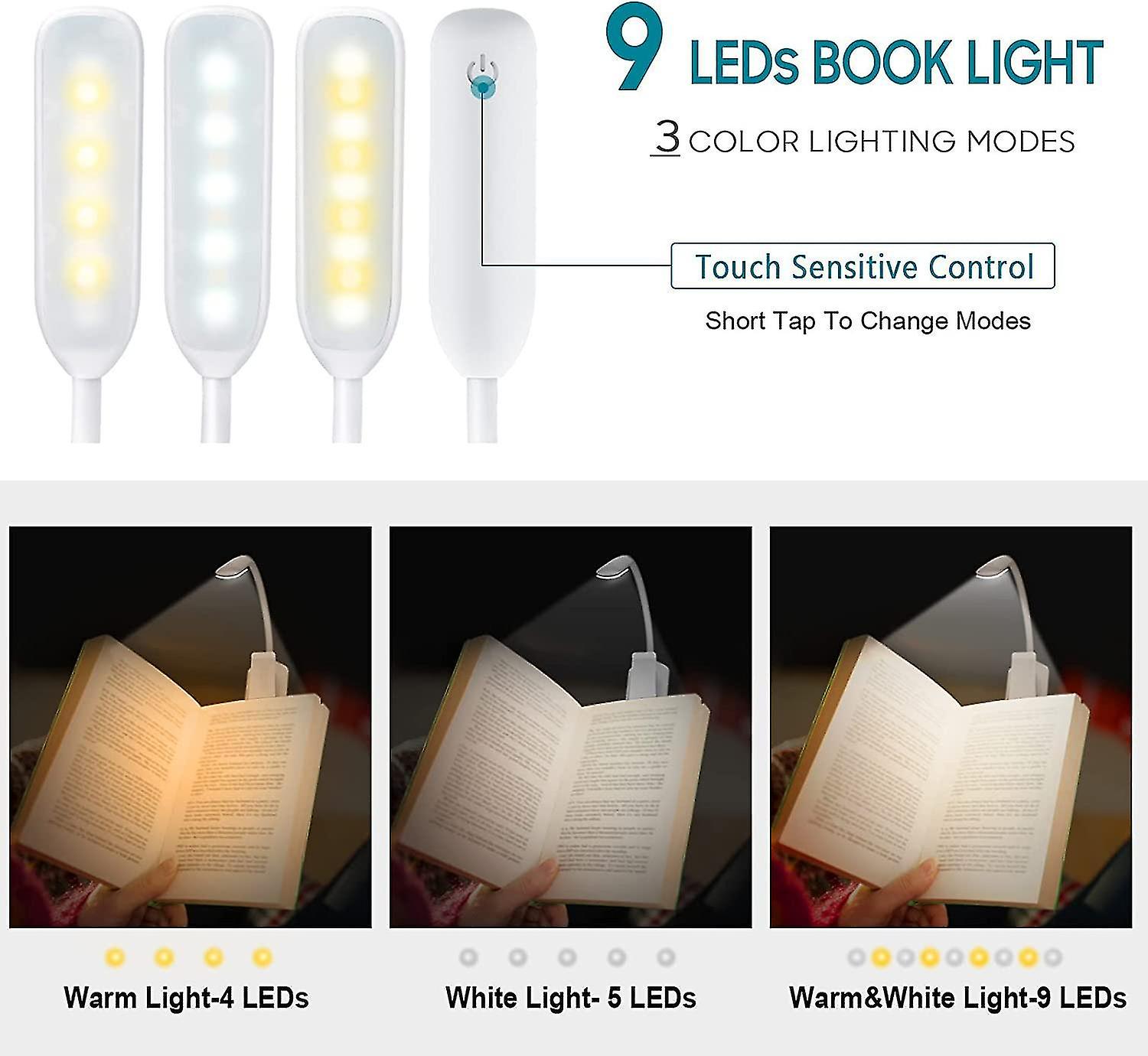 9 Led Reading Light， Rechargeable Reading Light Lamp In 3 Brightness Modes (cool White/warm Yellow)white