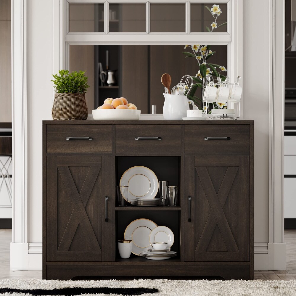 Modern Farmhouse Buffet Storage Cabinet  Barn Doors Wood Sideboard with Drawers and Shelves For Coffee Bar  Kitchen  Dining Room