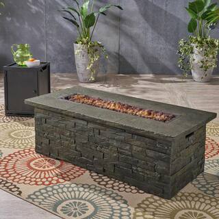 Noble House Deacon 56 in. x 18.75 in. Rectangular Concrete Propane Fire Pit in Natural Stone 53153