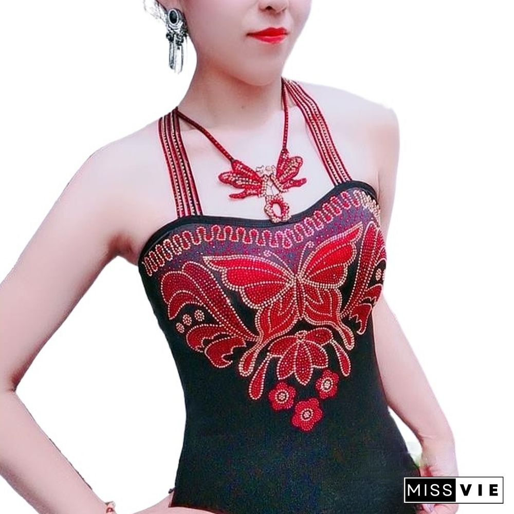 Fashion Women's Padded Gemstones Camisole Femme Lady Shiny Bling Bling Camis Women Rhainstones Butterfly Padded Tanks Tops