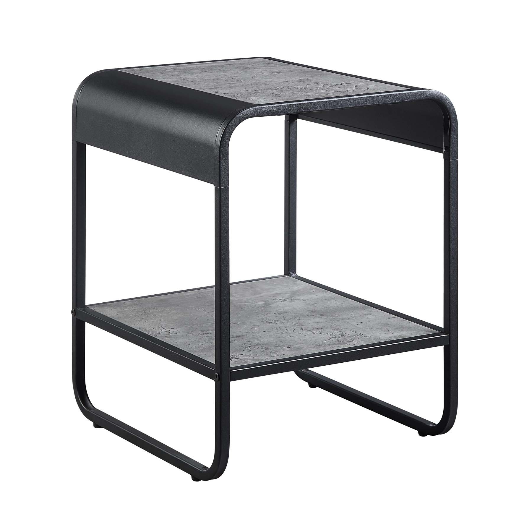 One Open Shelf Rectangular End Table with Metal Frame in Concrete Gray and Black