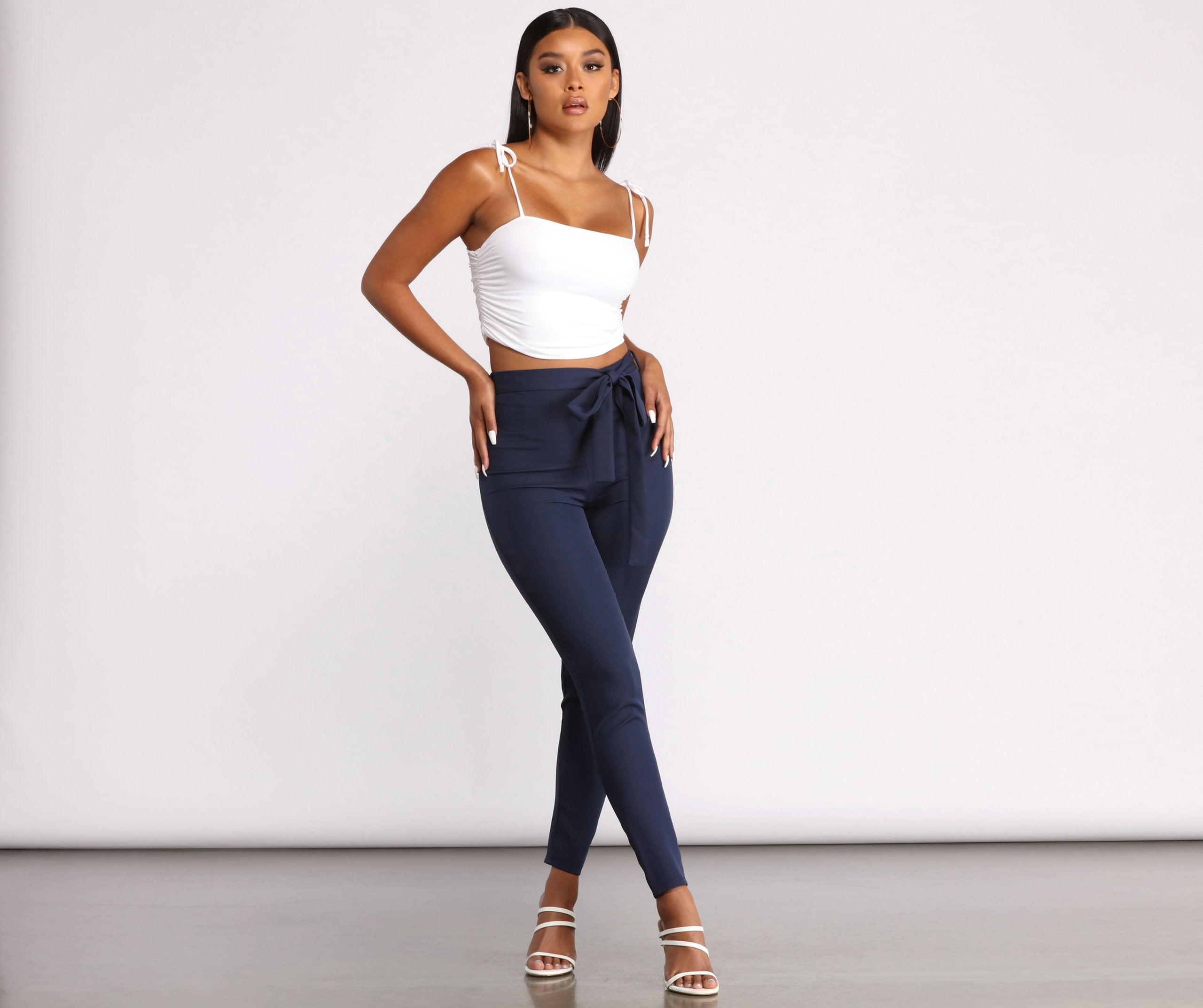 High Rise Tie Waist Tapered Pants