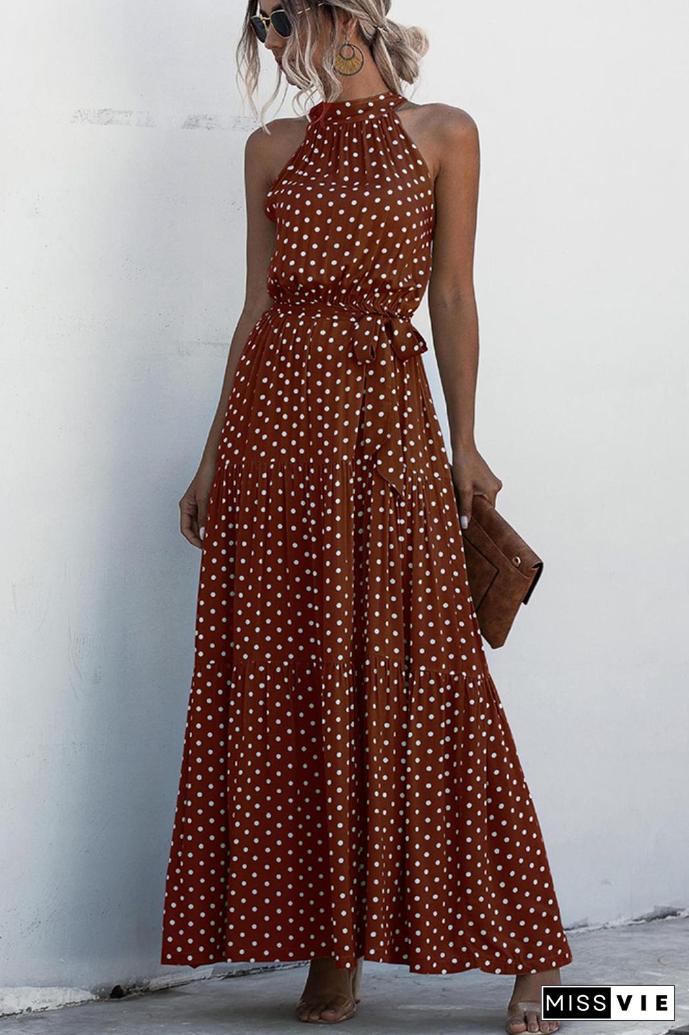 Halter Polka Dot Print Tie Waist Maxi Dress Wholesale