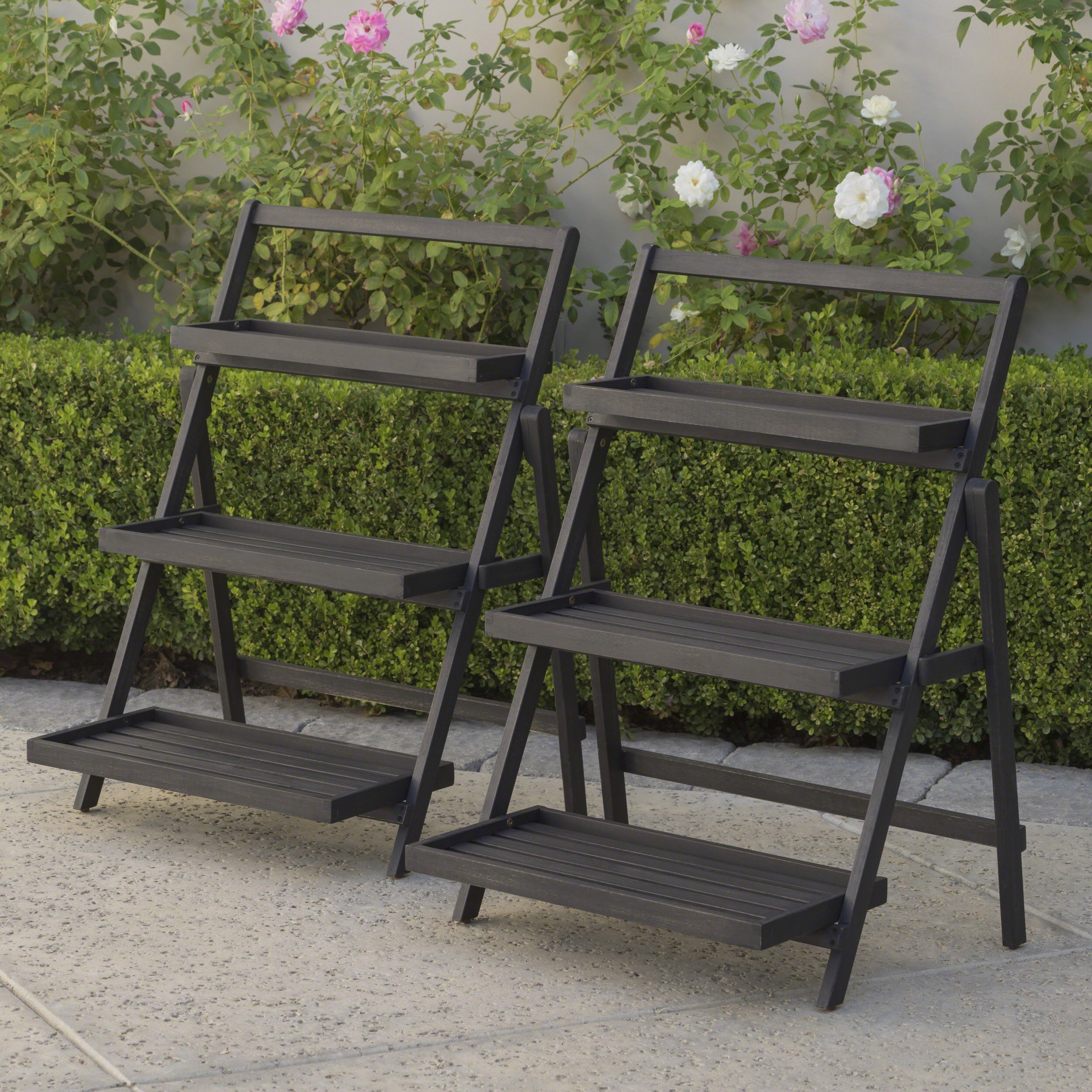 Mesbin Outdoor Dark Grey Acacia Wood Plant Stand (Set of 2)